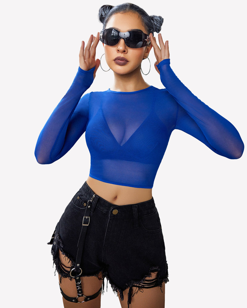 Women's long-sleeve crop top bra and thong panty set, sheer royal blue with straps