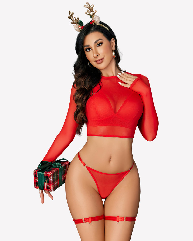 Crop top bra and panty set: red long-sleeve crop bra with thong and garters