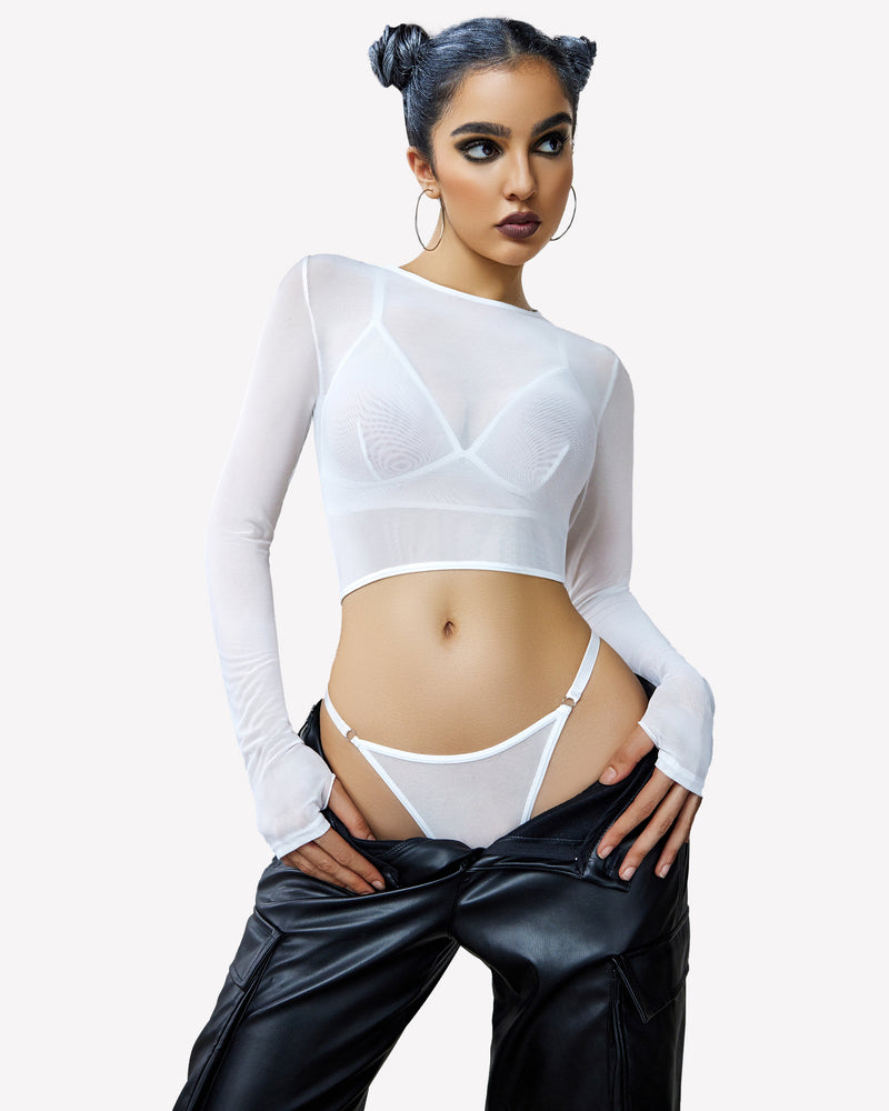 Crop top bra and panty set: white long-sleeve mesh crop bra with thong