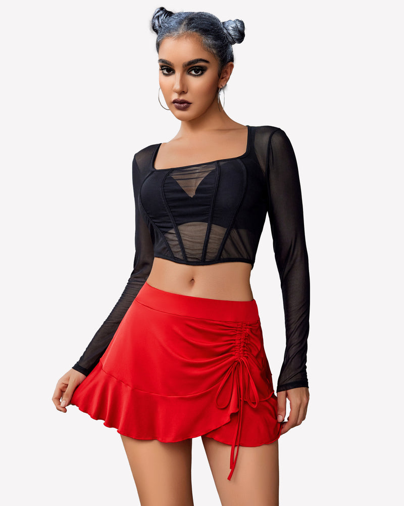 Red pleated wrap mini skirt with drawstring and ruffle hem