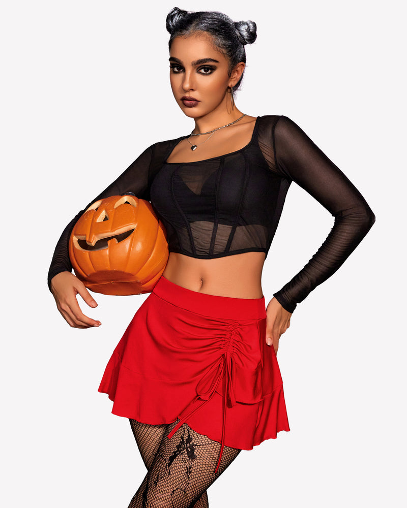 Red pleated wrap mini skirt with gathered front and drawstring tie