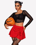 Red pleated wrap mini skirt with gathered front and drawstring tie