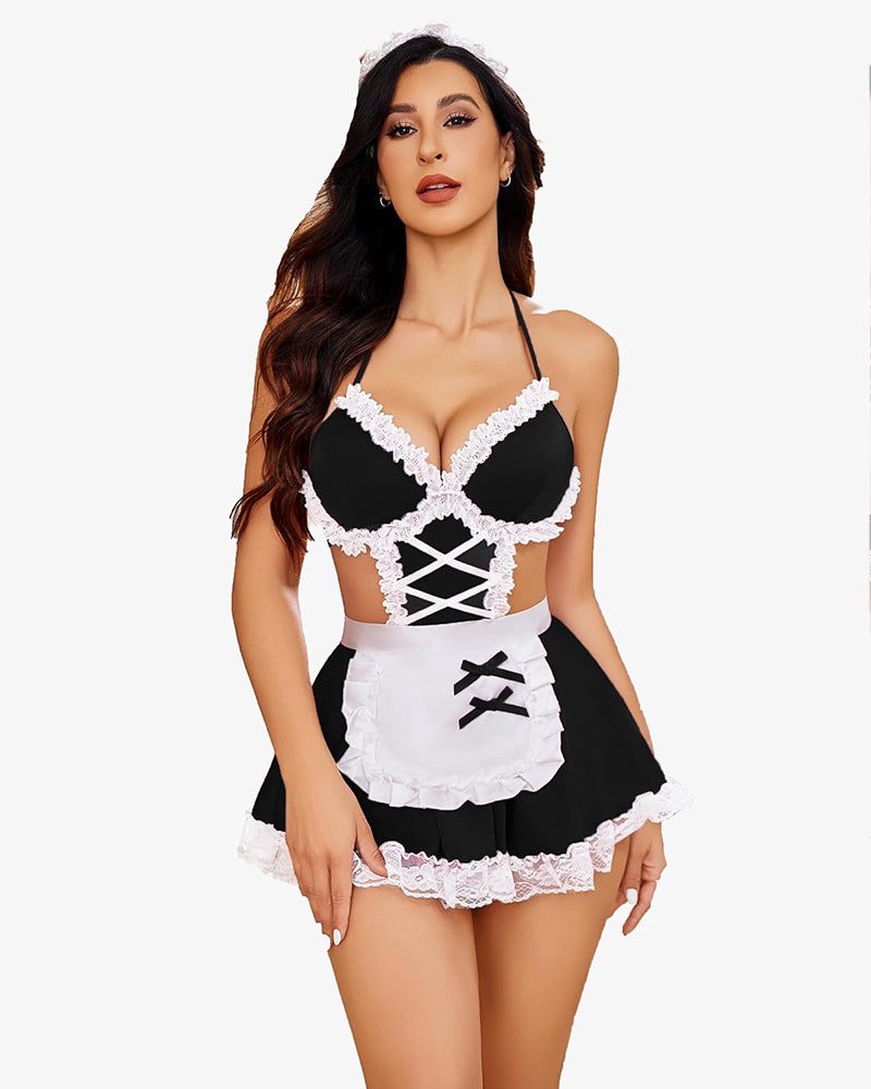 Black and white lace maid lingerie set with lace cups, crisscross bodice, ruffled mini skirt