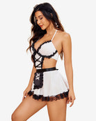 Black and white lace maid lingerie set with crisscross bodice and short ruffled skirt, 3 pcs