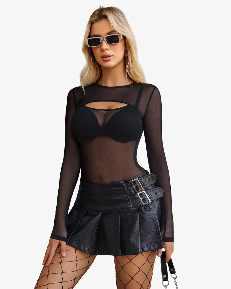 Cut-out sheer leotard, long sleeves, black mesh with front chest cutout