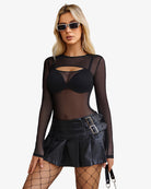 Cut-out sheer leotard, long sleeves, black mesh with front chest cutout