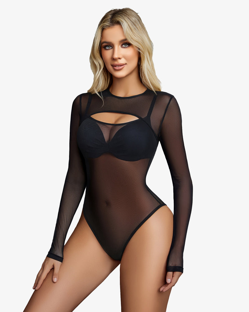 Cut-out sheer leotard, long sleeves, black mesh with center chest cutout and high-leg