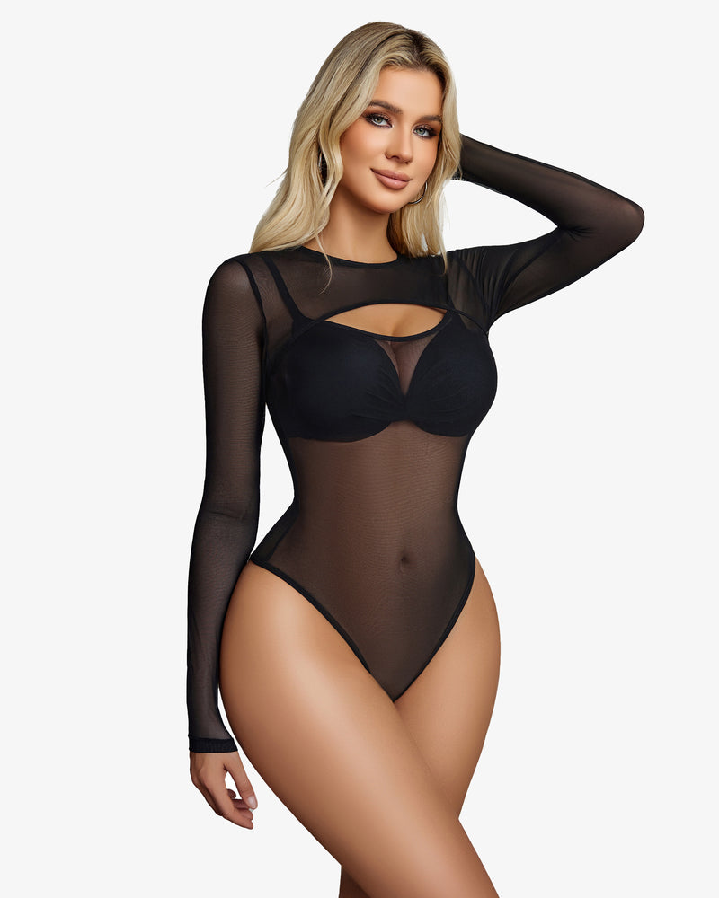 Cut-out sheer leotard, long sleeves, black mesh with chest cutout and high-leg