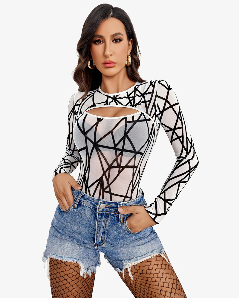 Cut-out see-through leotard, white with black geometric print, long sleeves, hip cutouts