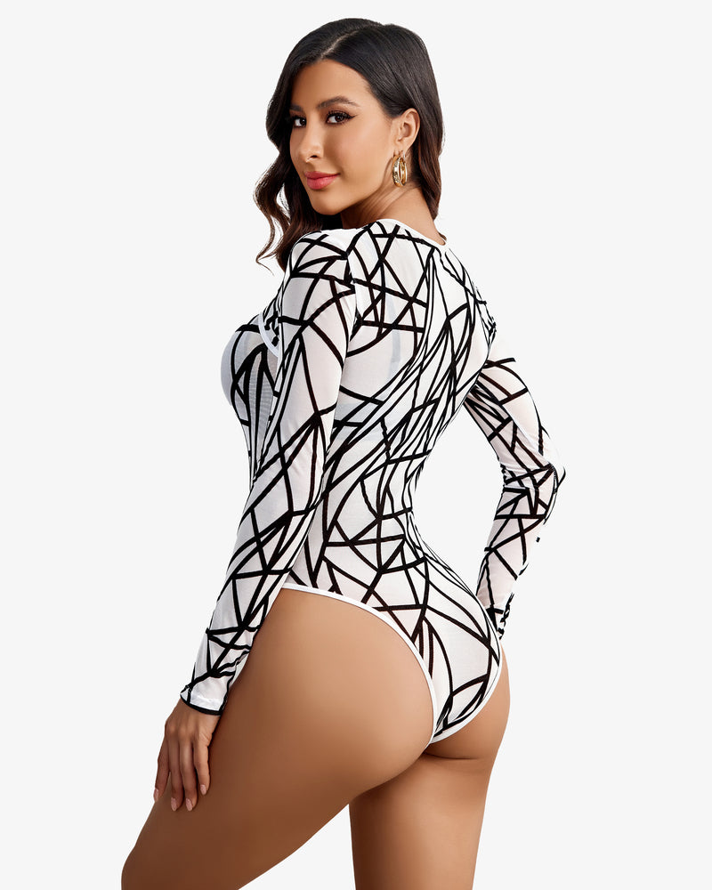 Cut-out see-through leotard, white with black geometric print, long sleeves, back view