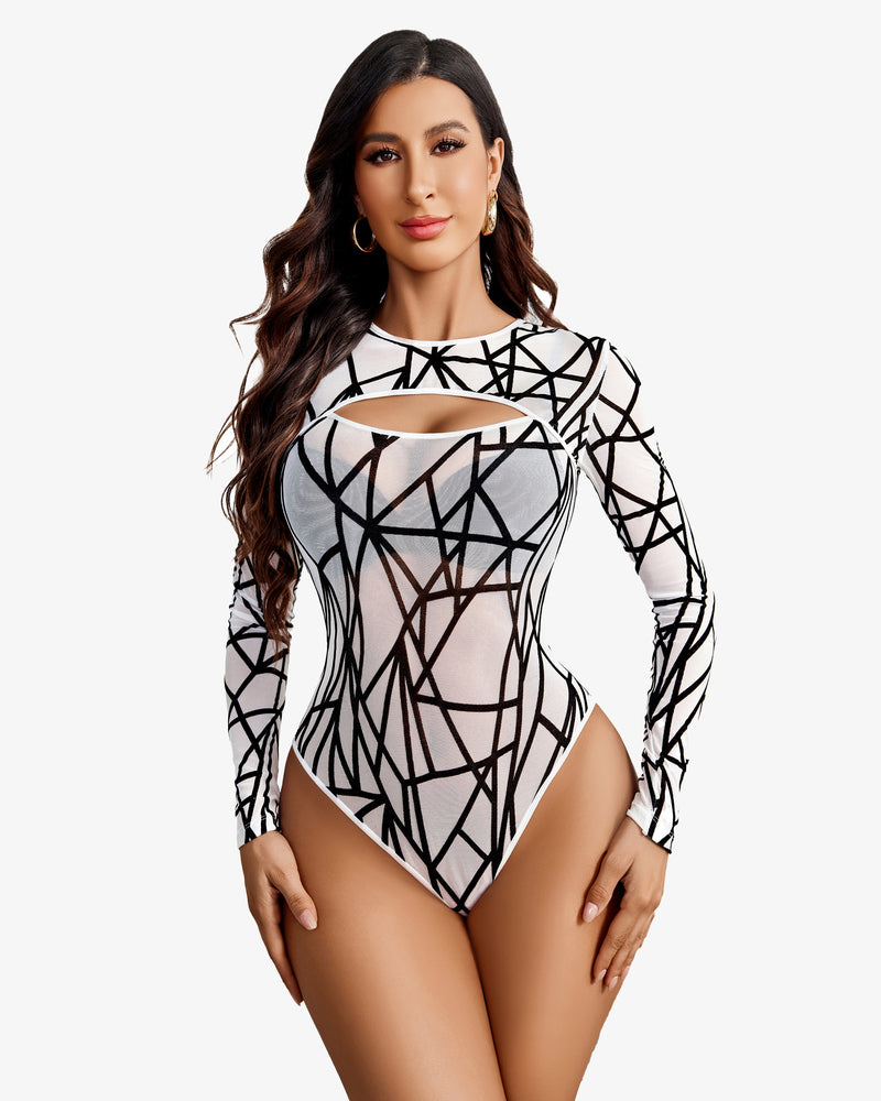Cut-out see-through leotard, white with black geometric print, long sleeves, chest cutout