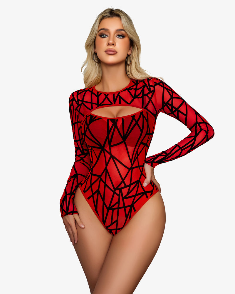 Cut-out see-through leotard, red with black geometric print, long sleeves, oval chest cutout