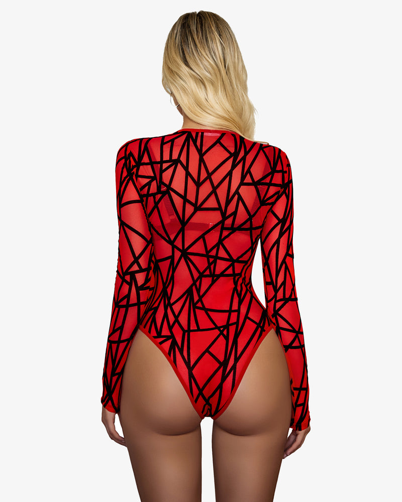 Cut-out see-through leotard, red with black geometric print, long sleeves, back view