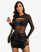 Cut-out sheer leotard, long sleeves, black star dot print with front chest cutout