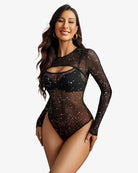 Cut-out sheer leotard, long sleeves, black star dot pattern with chest cutout