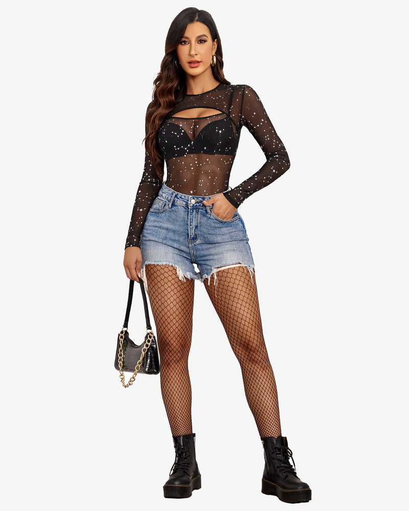 Cut-out sheer leotard, long sleeves, black star dot pattern, see-through mesh