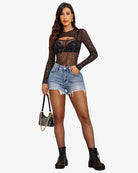 Cut-out sheer leotard, long sleeves, black star dot pattern, see-through mesh