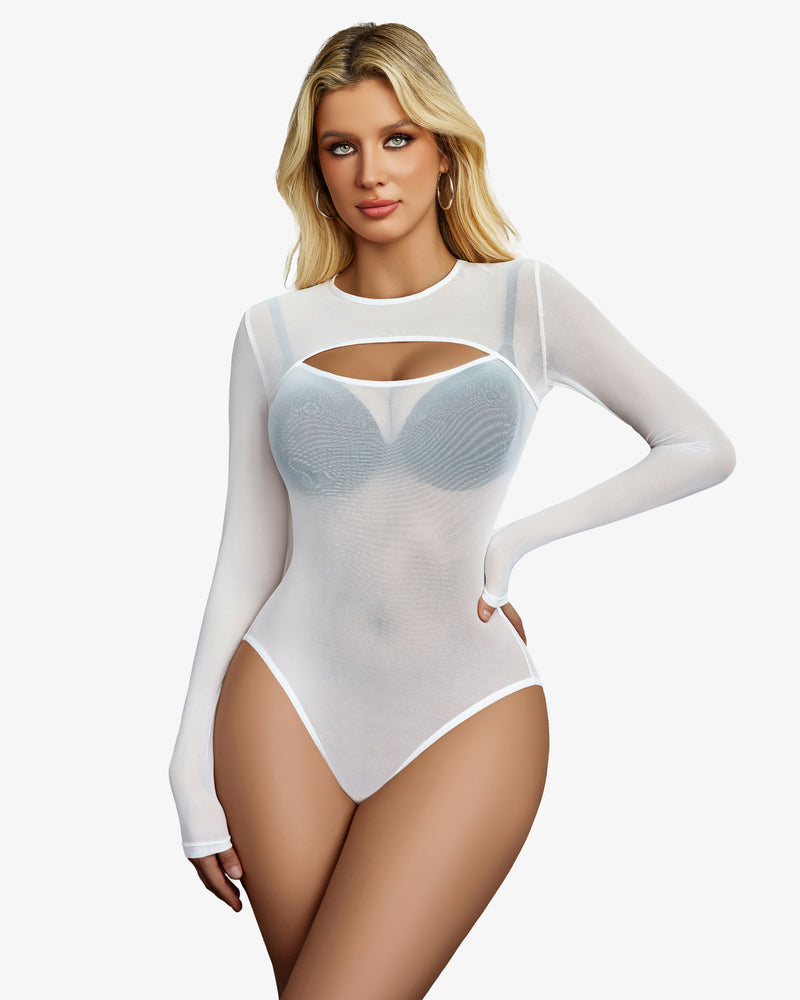 White sheer cut-out leotard with long sleeves, oval chest cut-out and high leg