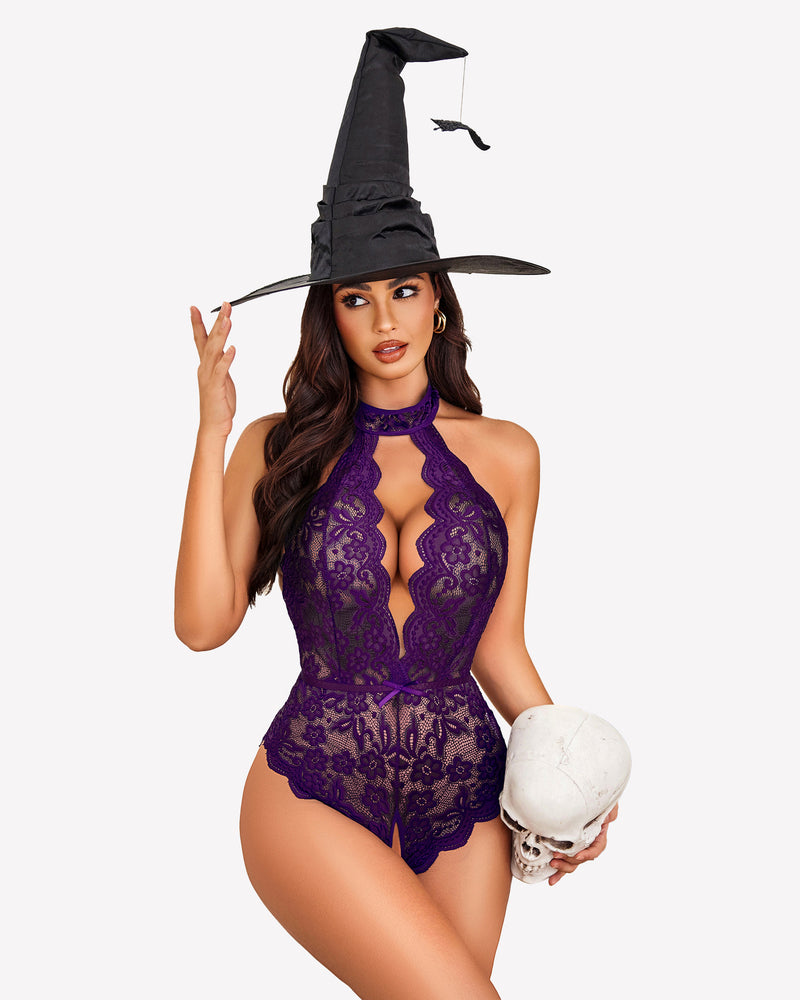 Purple halter lace bodysuit teddy with scalloped edging and keyhole front
