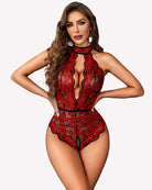 Red lace halter teddy bodysuit with high neck and keyhole front detail