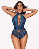 Blue halter lace teddy with high neck and cutout front