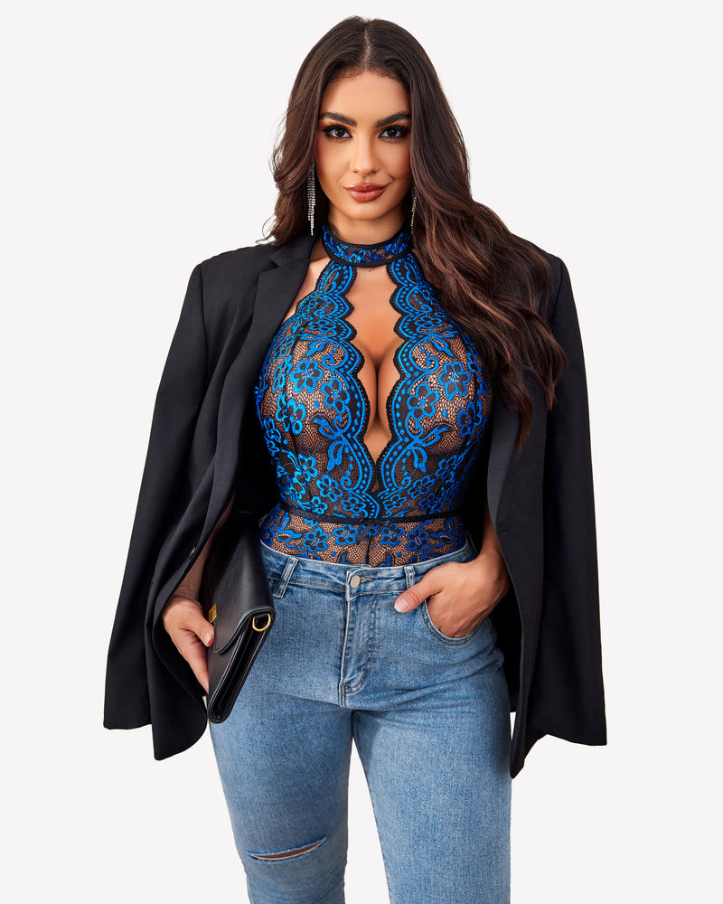 Blue halter lace bodysuit teddy with high neckline and lace cutout