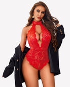 Red lace halter teddy bodysuit with high neck keyhole and scalloped leg openings