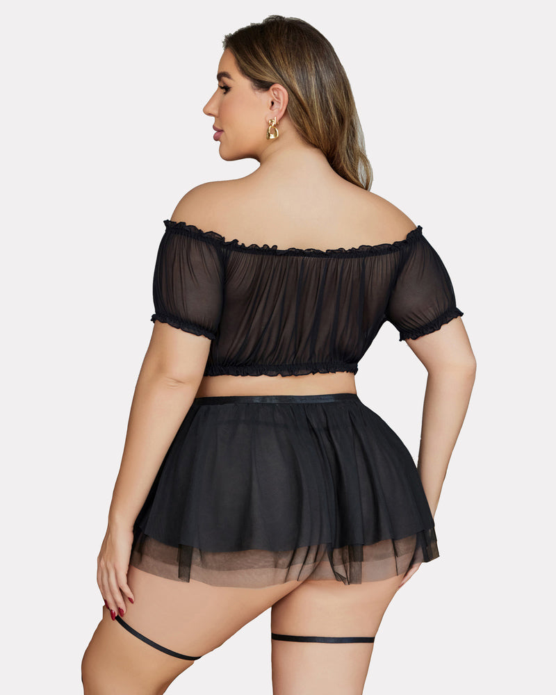 Black lingerie set with off-shoulder top, garter straps, back view skirt