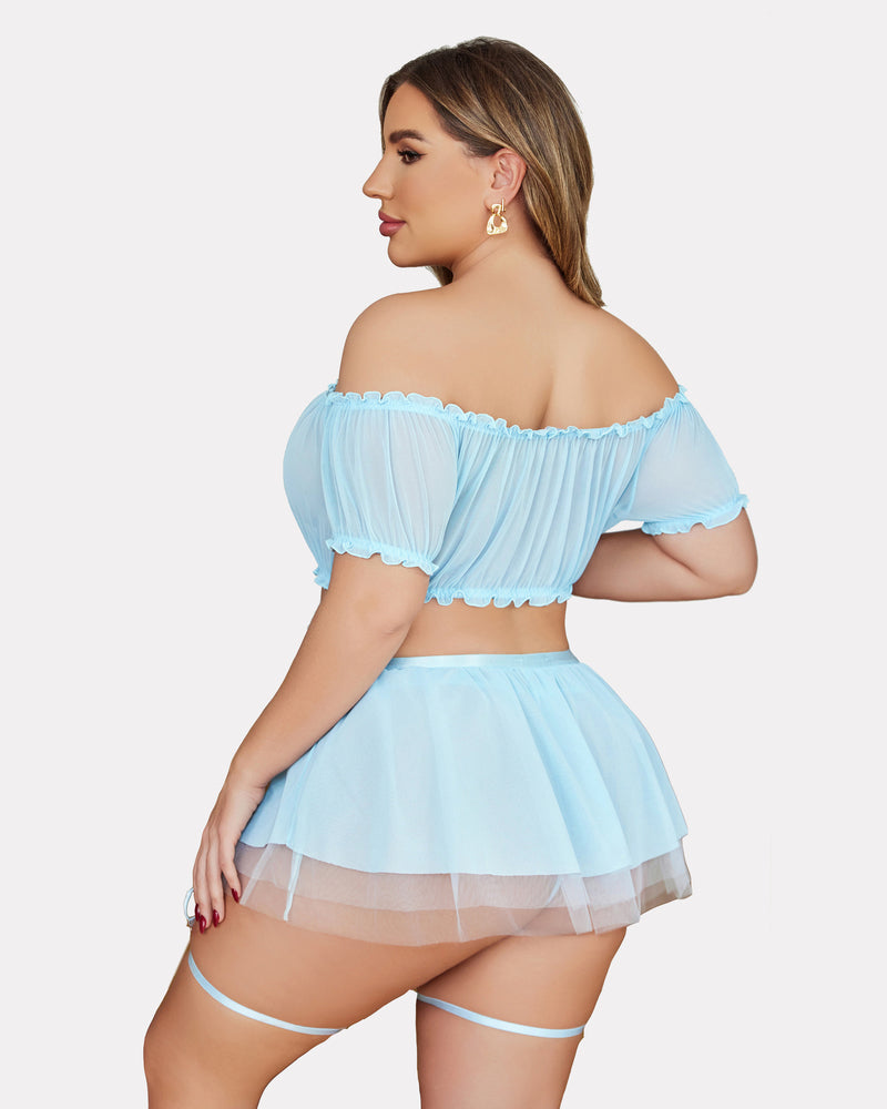 Light blue lingerie set with off-shoulder top, garter straps, back view skirt