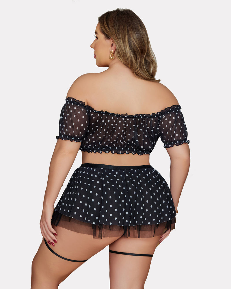 Off-shoulder lingerie set with white polka dots, garter straps, back view skirt