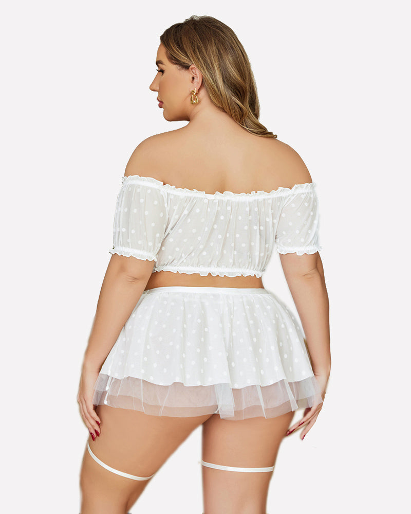 White lingerie set with polka dots, off-shoulder top, garter straps, rear view