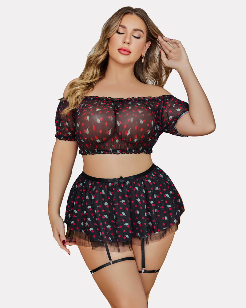 Plus size garter mesh set in black with red polka dots, off-shoulder crop top and skirt
