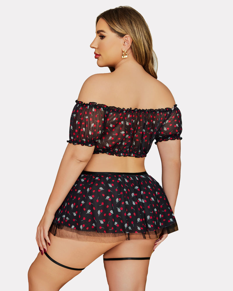 Plus size garter mesh set in black with red polka dots, back view mini skirt and garter