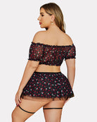 Plus size garter mesh set in black with red polka dots, back view mini skirt and garter