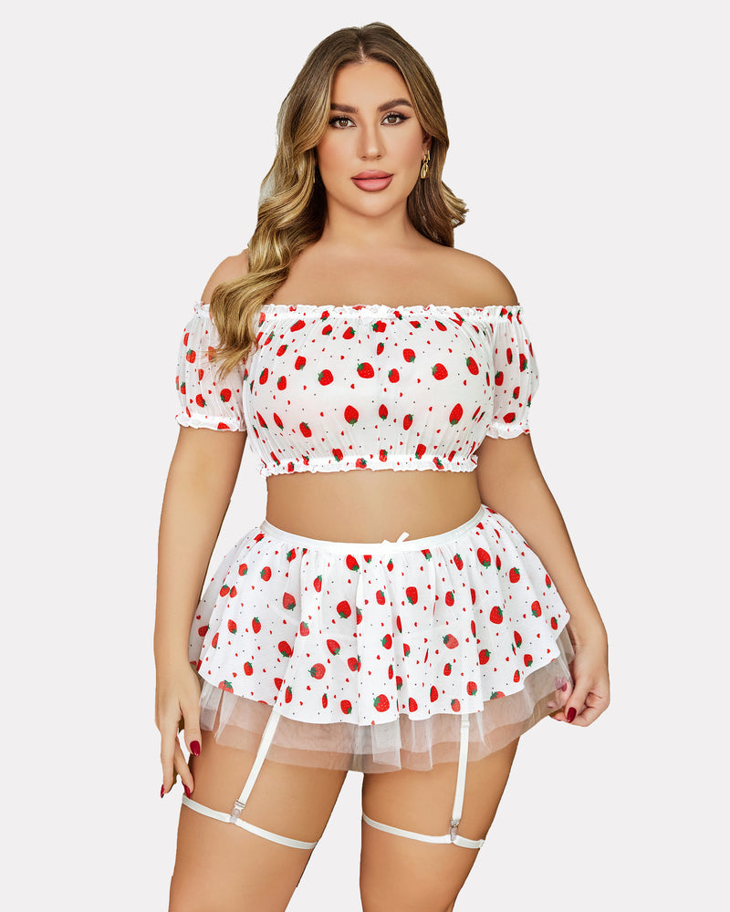 Off-shoulder lingerie set with strawberry print, garter straps, sheer mesh skirt
