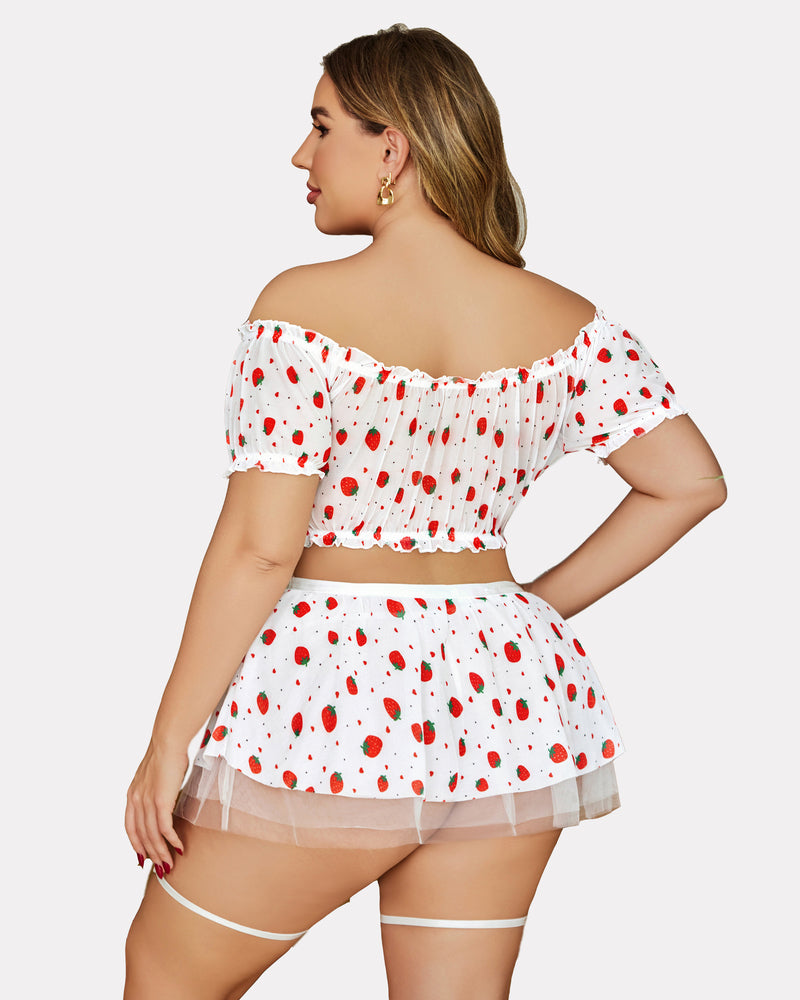 Off-shoulder lingerie set with strawberry print, garter straps, rear view skirt