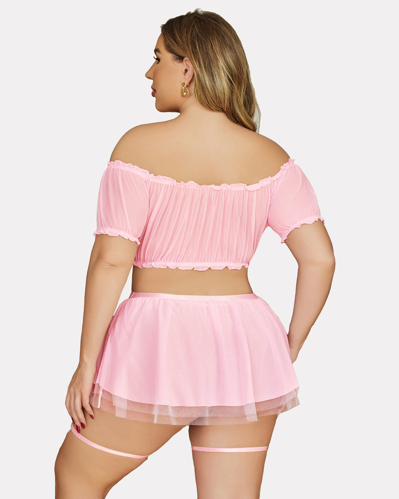 Plus size garter mesh set in pink, back view off-shoulder top with layered tulle skirt