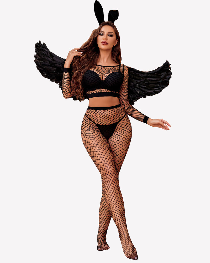 Black fishnet long-sleeve crop top and high-waist bottoms two-piece set