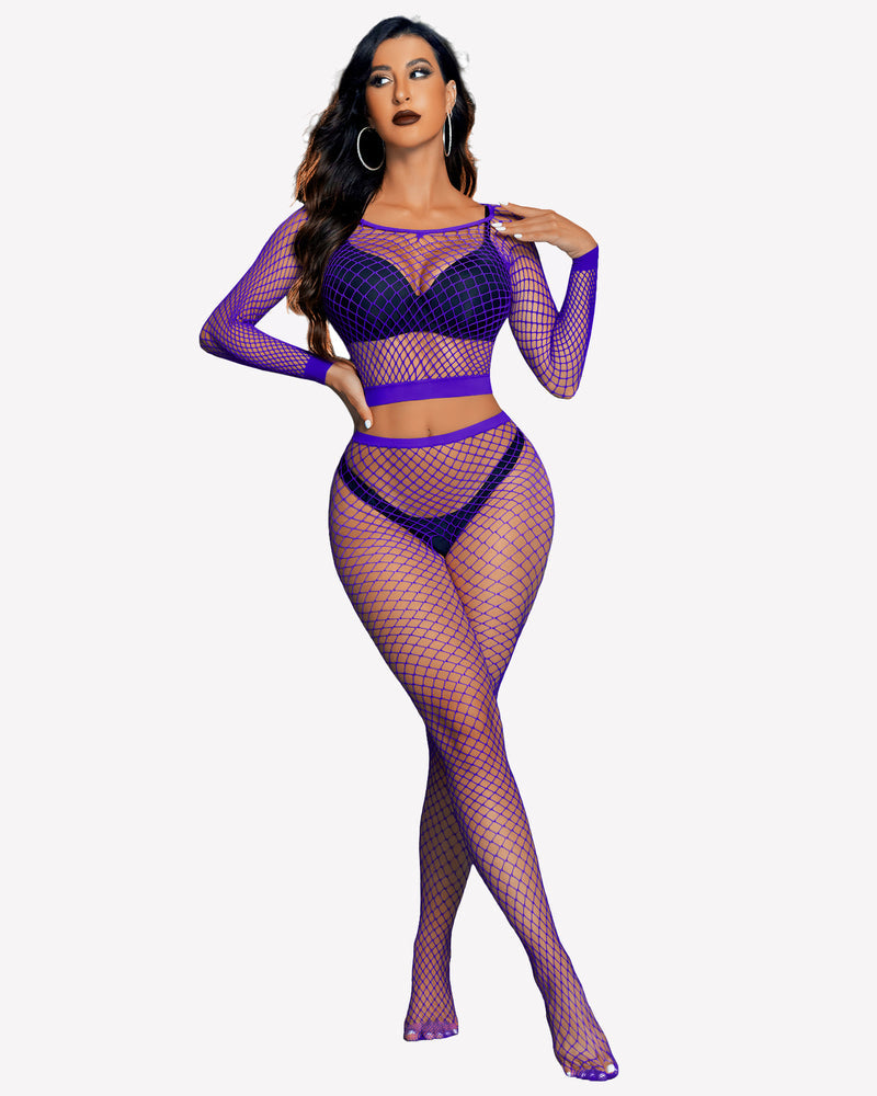 Purple fishnet long-sleeve crop top and high-waist bottoms two-piece set