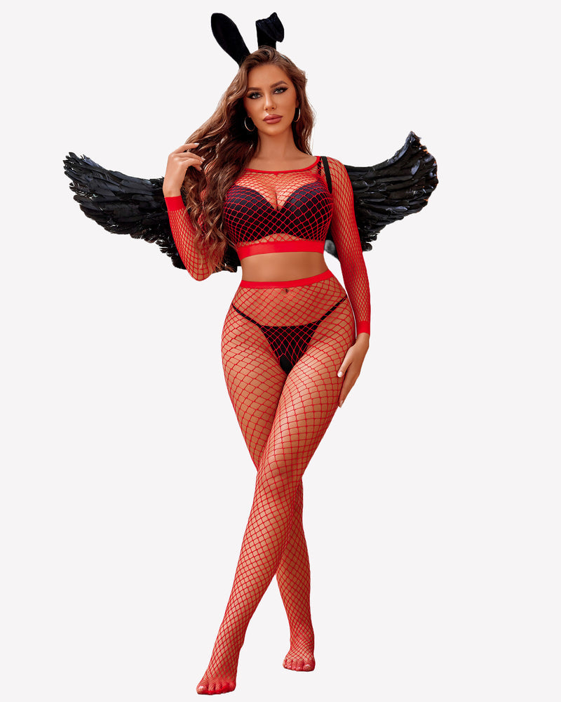 Red fishnet long-sleeve crop top and high-waist bottoms two-piece set