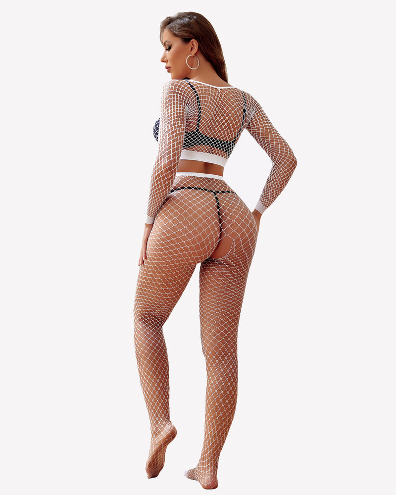 White fishnet long-sleeve crop top and high-waist bottoms two-piece set