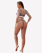 White fishnet long-sleeve crop top and high-waist bottoms two-piece set