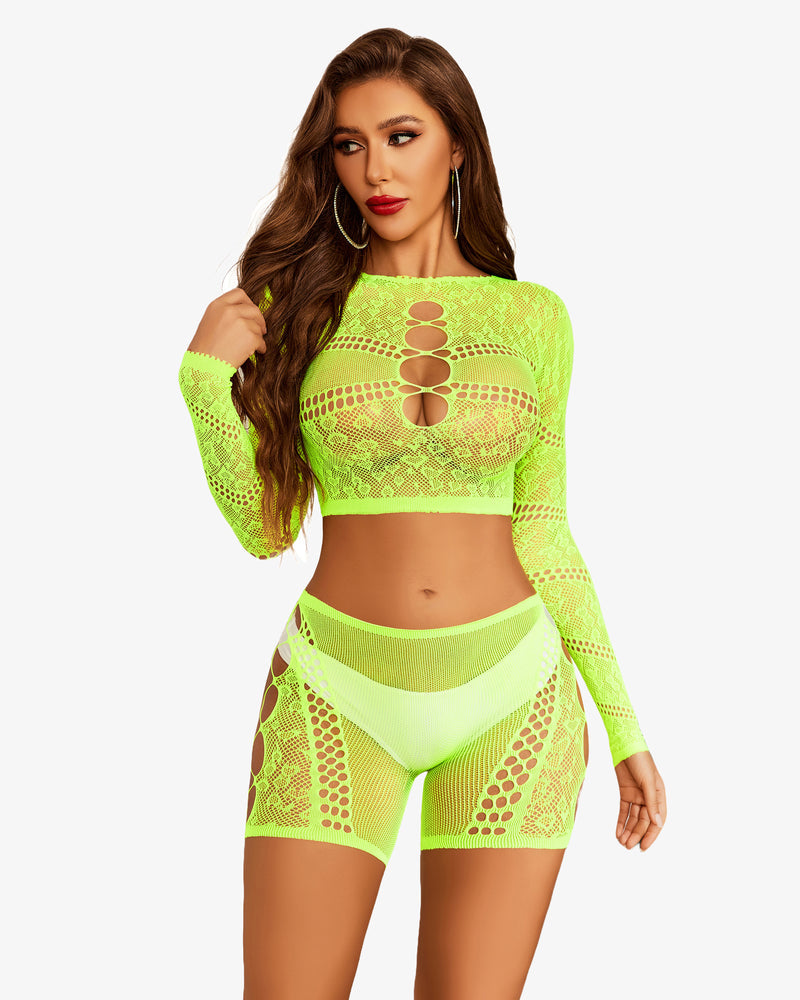 Neon green fishnet lingerie set: long-sleeve crop top and high-waist shorts with cutouts