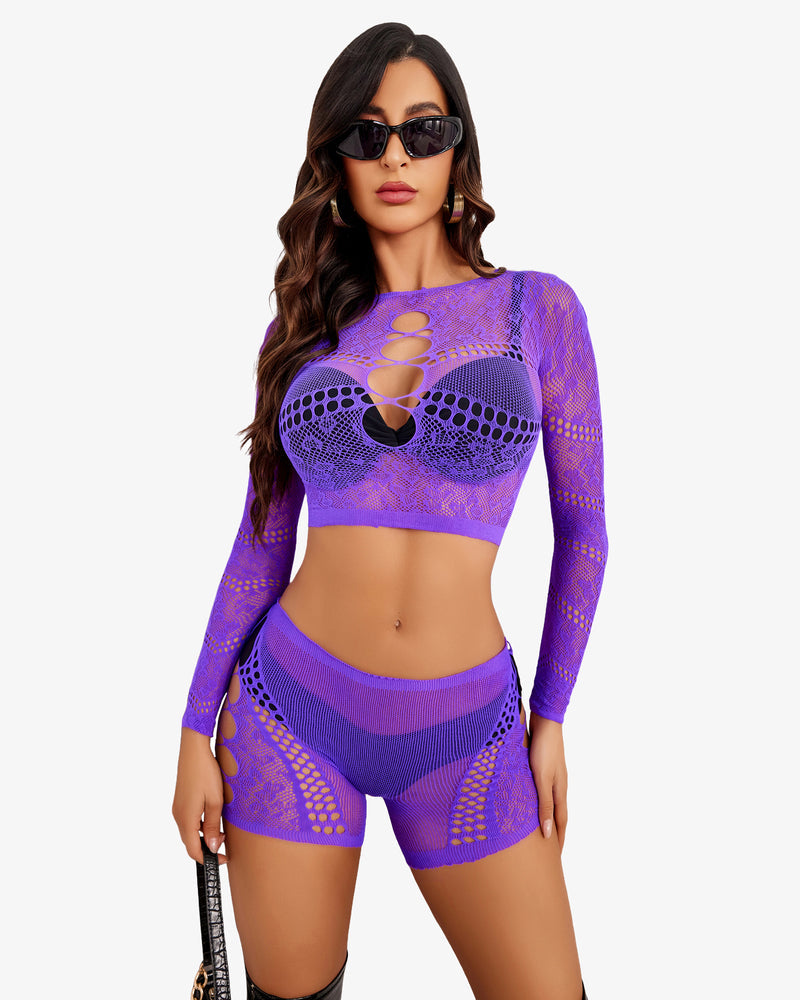 Purple fishnet lingerie set with long-sleeve crop top and high-waist shorts, cutout chest