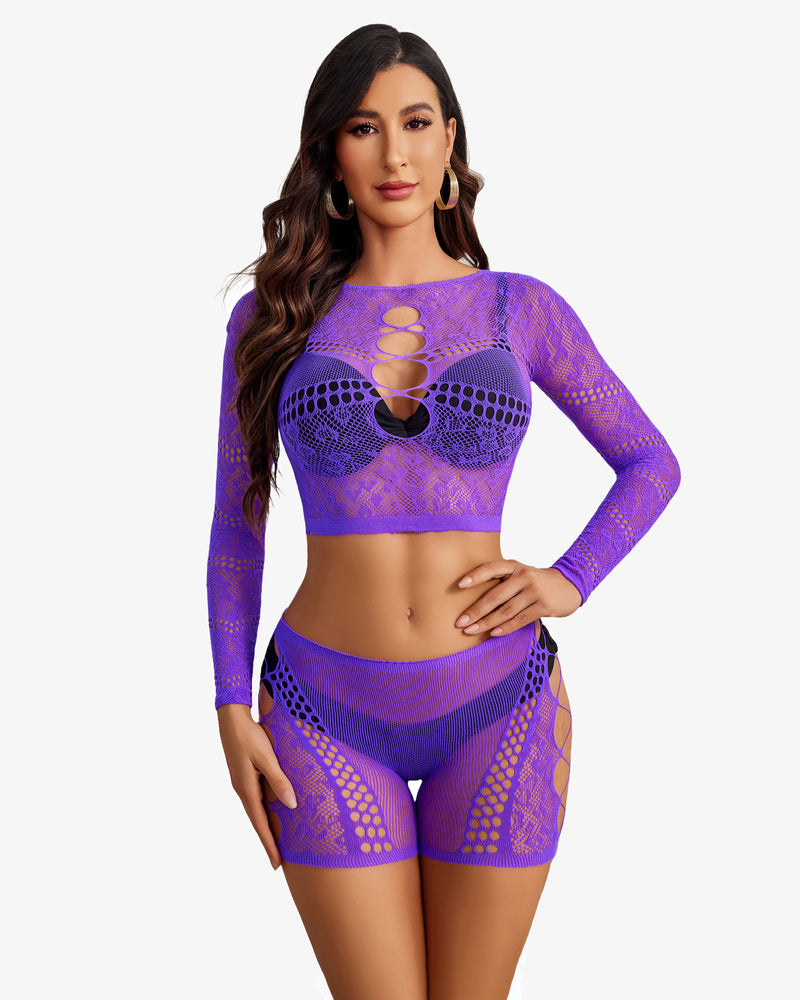Purple fishnet set with long-sleeve crop top and high-waist shorts, geometric cutouts
