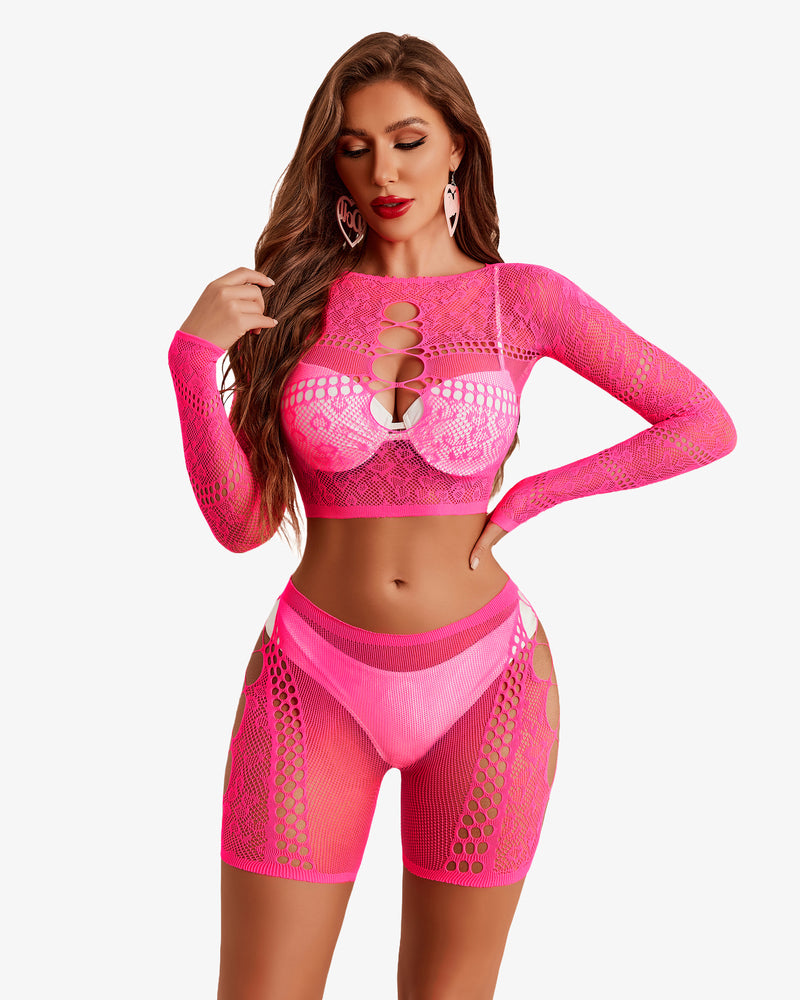 Pink fishnet two-piece lingerie set with long sleeves, cutout bra, and high-rise shorts