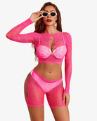 Bright pink fishnet lingerie set with cutout front bra, long sleeves, and shorts