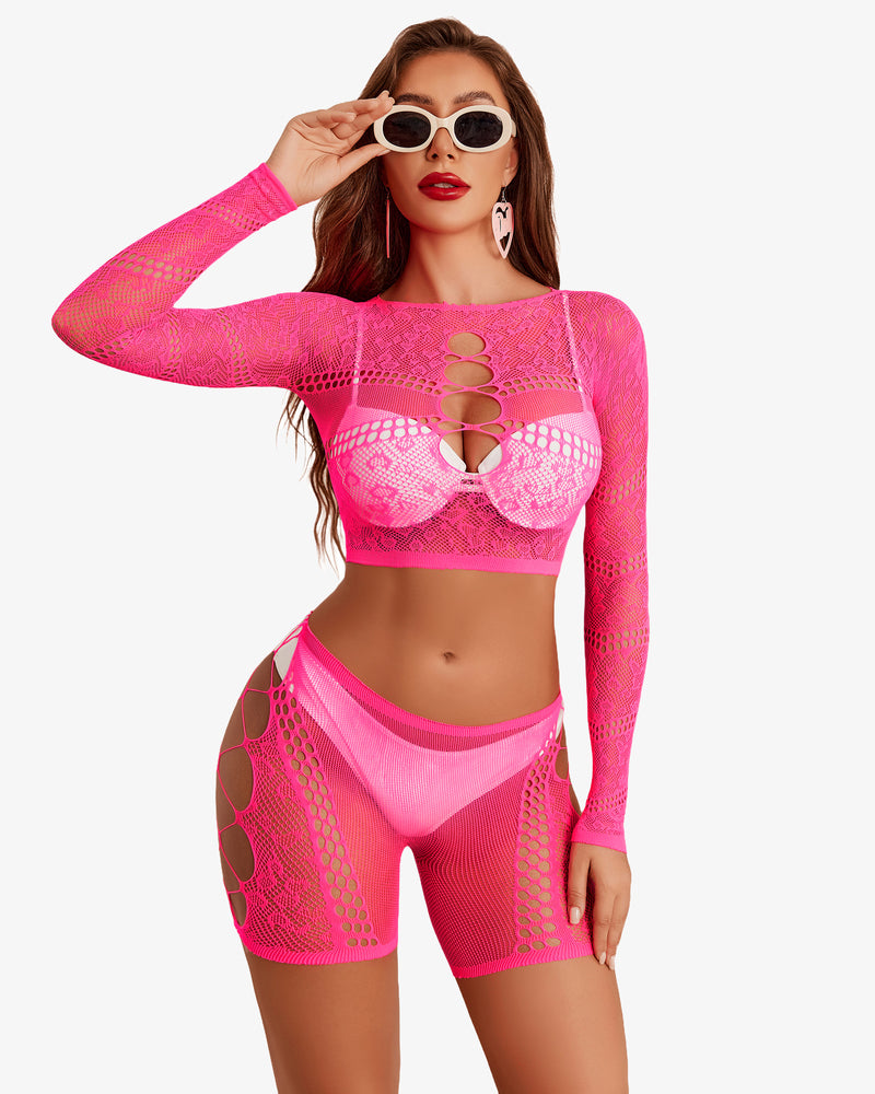 Bright pink fishnet lingerie set with cutout front bra, long sleeves, and shorts