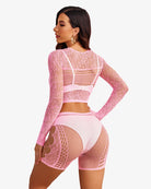 Light pink fishnet two-piece lingerie set with back view, long-sleeve top and shorts