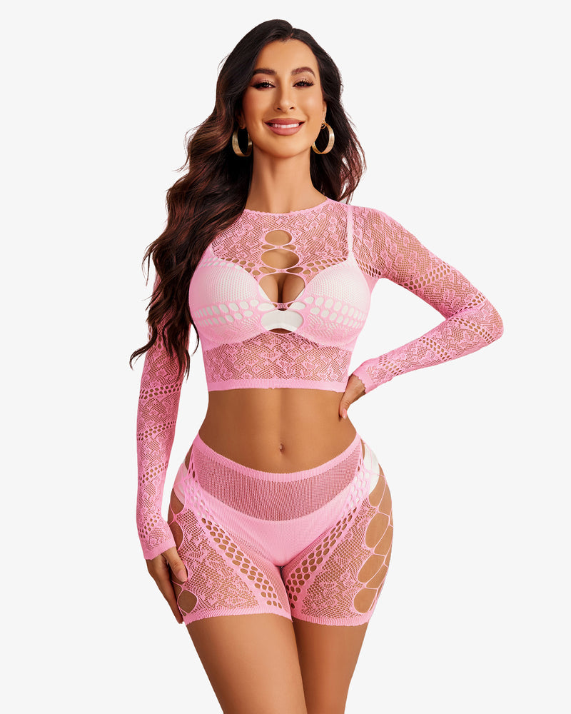 Light pink fishnet two-piece lingerie set with cutout bra and matching high-waist shorts